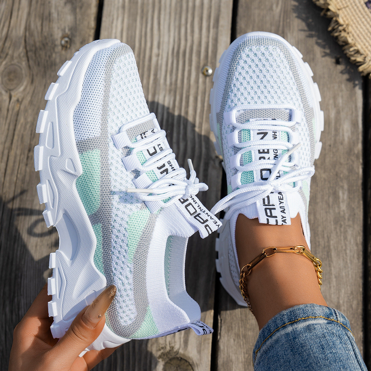 Women's Flyknit Mesh Lace-Up Sneakers, Breathable Walking and Running Shoes