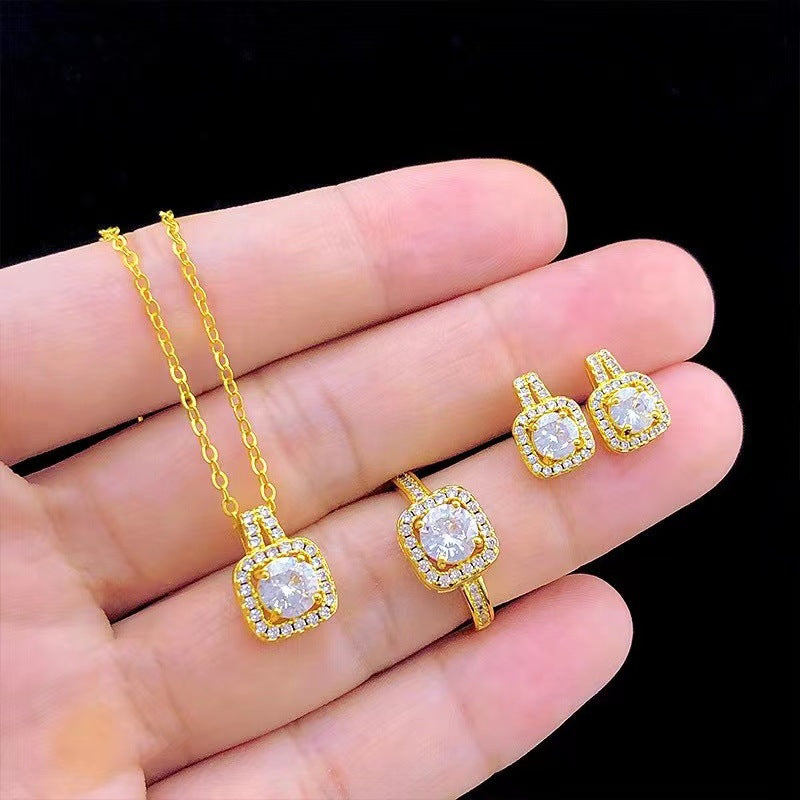 Zircon Pendant Necklace, Stud Earrings And Ring Jewellery Set
