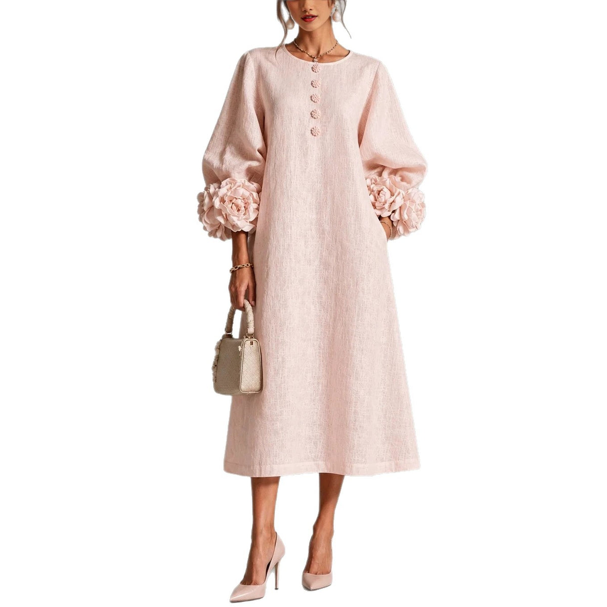 Floral Puff Sleeve A-Line Dress With 3D Flowers For Parties
