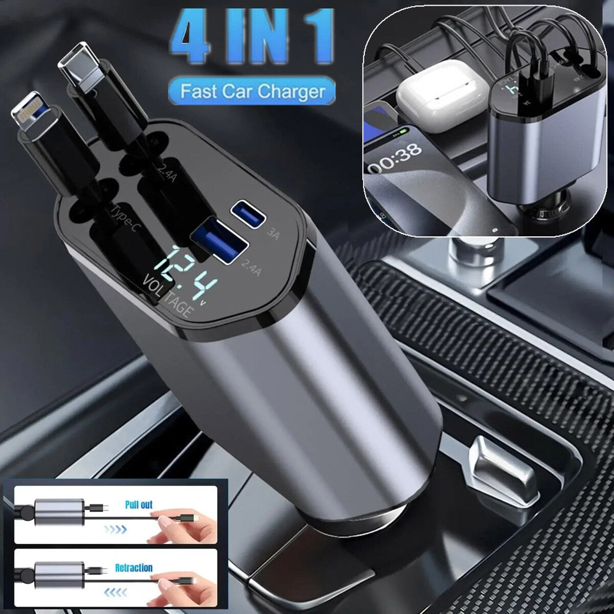 4-in-1 Retractable Car Charger, 120W Fast Charging with USB-C Cables