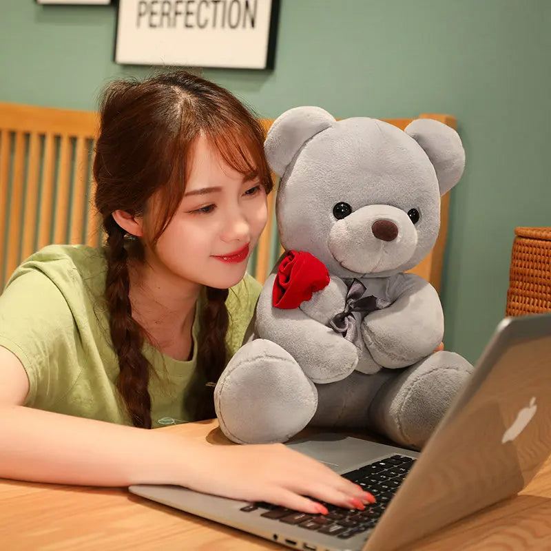 Lovely Hug Roses Teddy Bear Plush Pillow, Soft Stuffed Animal Doll