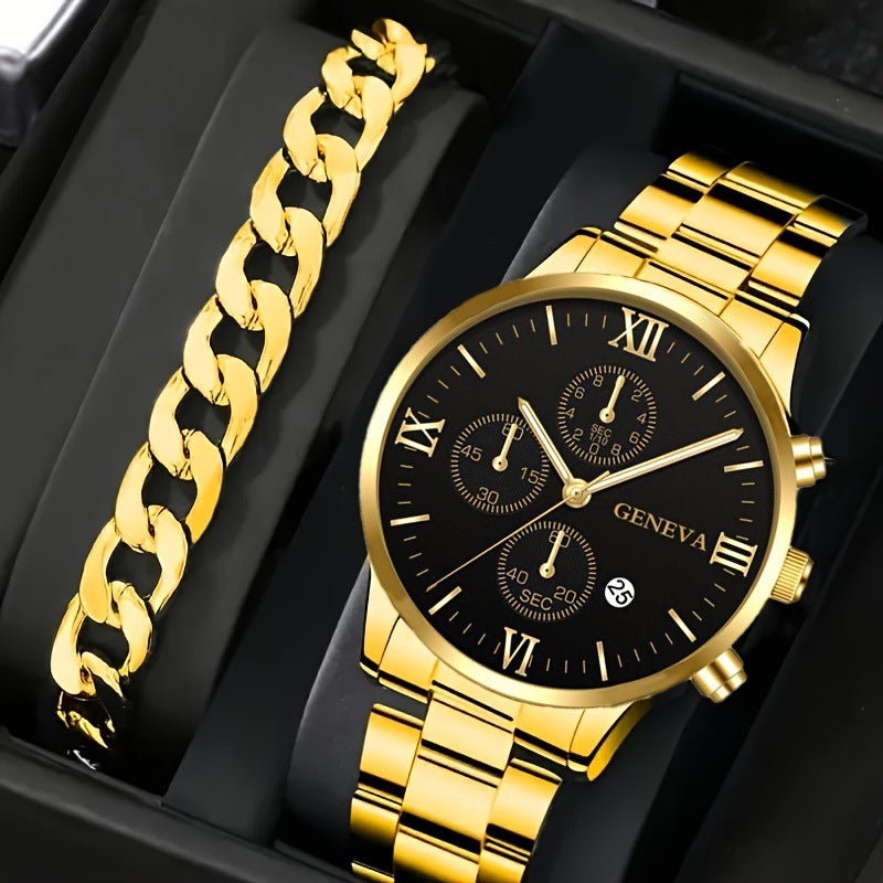 Men's Three-Eye Quartz Watch And Bracelet Set In Steel Strip