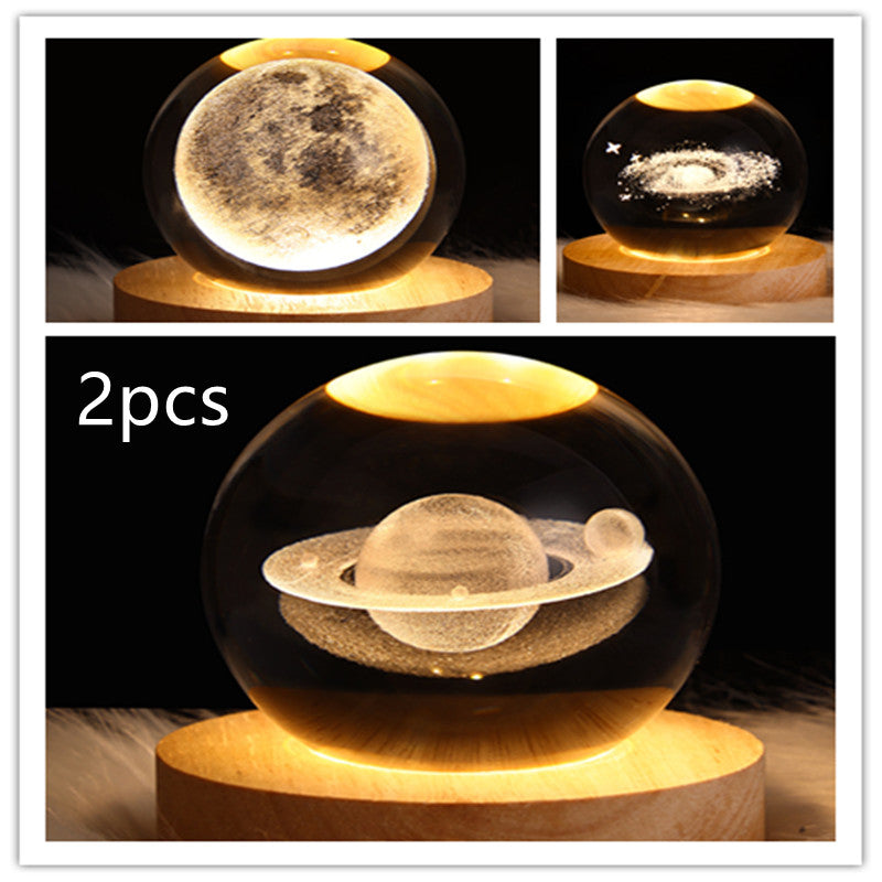 LED Galaxy Crystal Ball Night Light With Solid Wood Base