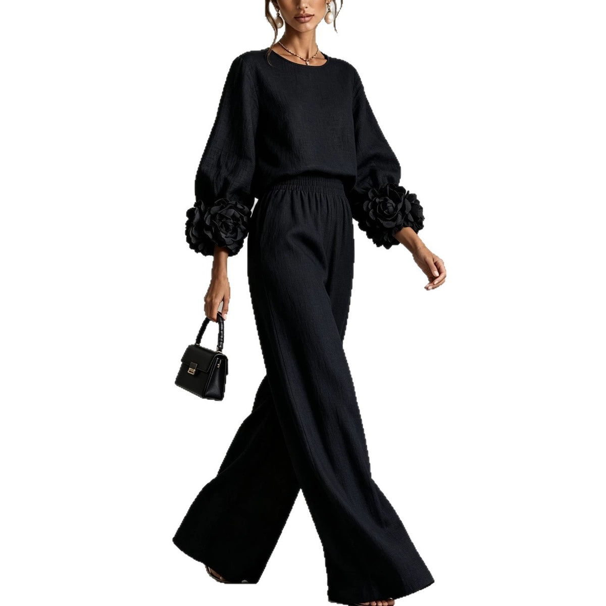 Women's Floral Cuff Top And Wide Leg Trousers Two Piece Set