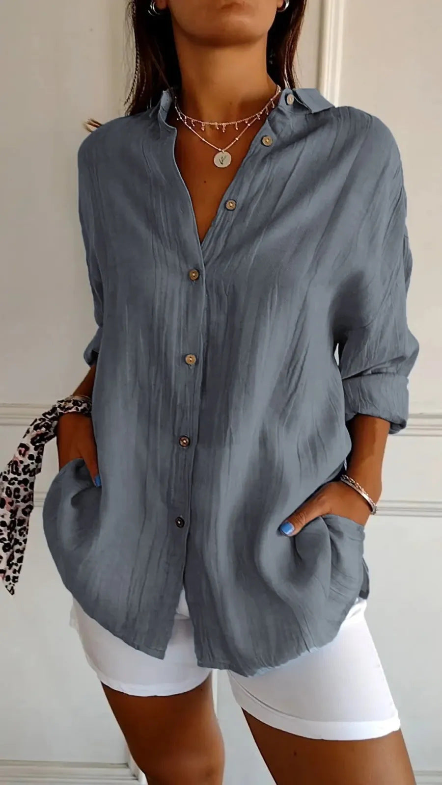 Women's Pleated Single-Breasted Lapel Shirt, Loose Fit, XS to 5XL
