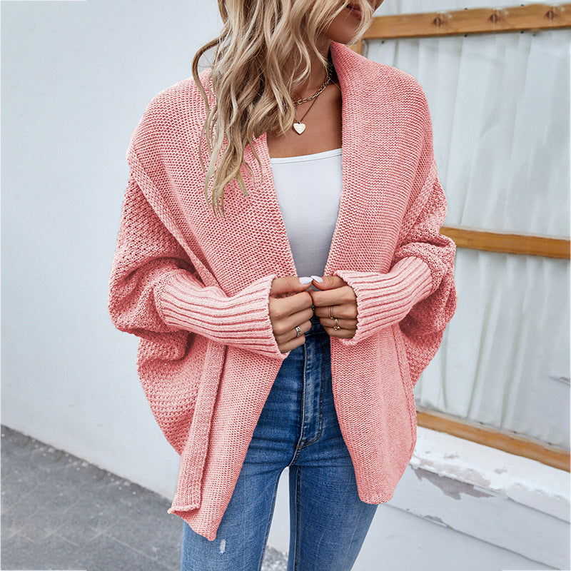 Loose Knit Bat-Sleeve Cardigan with Large Lapel for Women