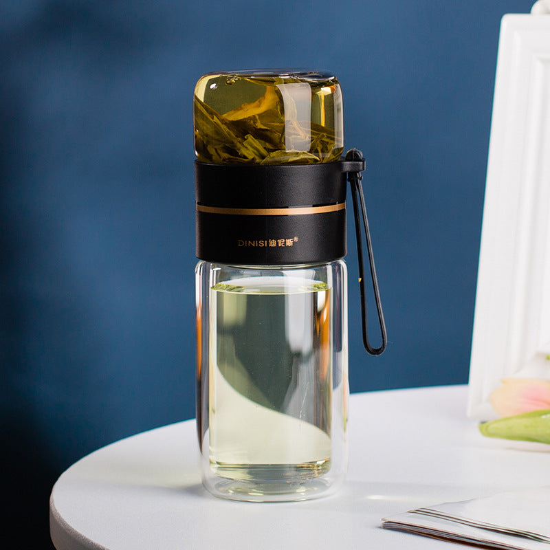 Glass Water Bottle with Tea Infuser, Double Wall Leakproof Flask