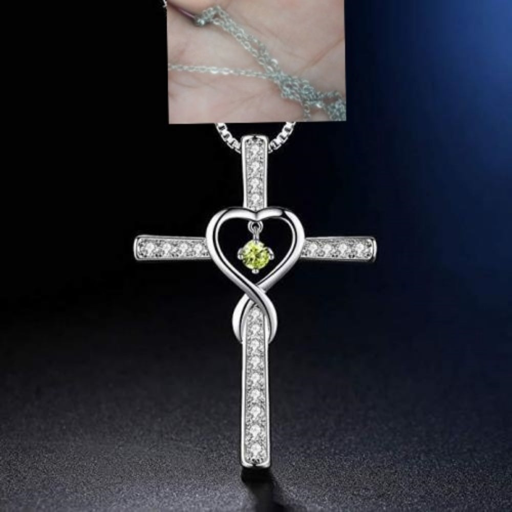 Birthstone Crystal Cross and Heart Pendant Necklace, Gold-Plated