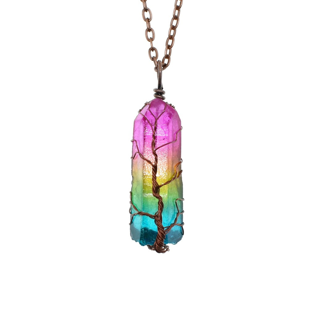 Natural Stone Crystal Pillar Tree Of Life Pendant Necklace