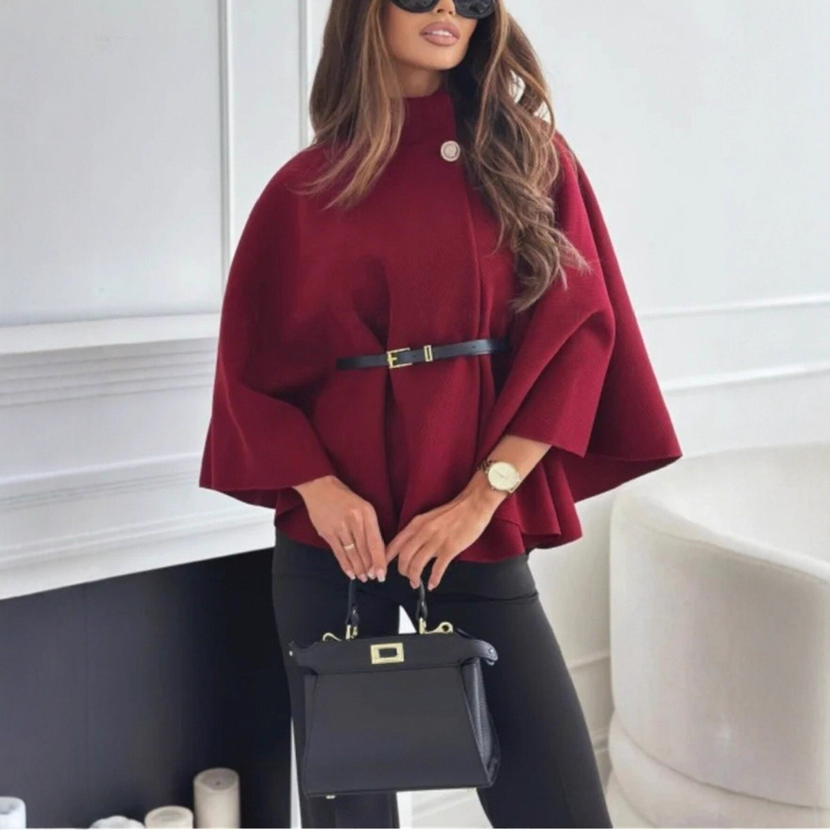 Women's Stand Collar Batwing Cloak Jacket With Belt, Woolen Look