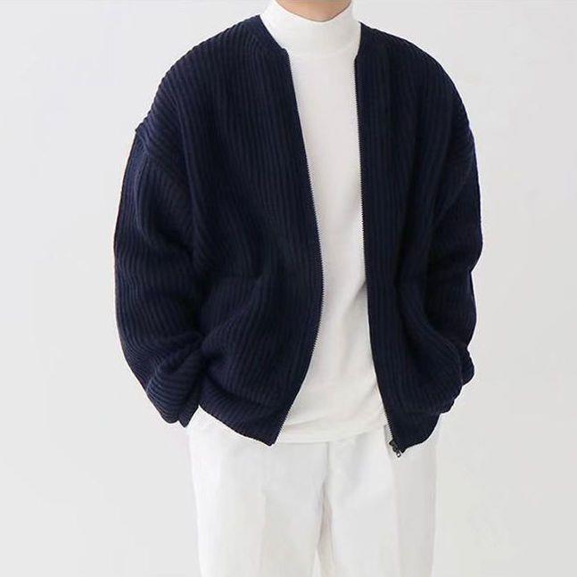 Men's Zip-Up Knitted Cardigan Jumper with Funnel Neck and Pockets