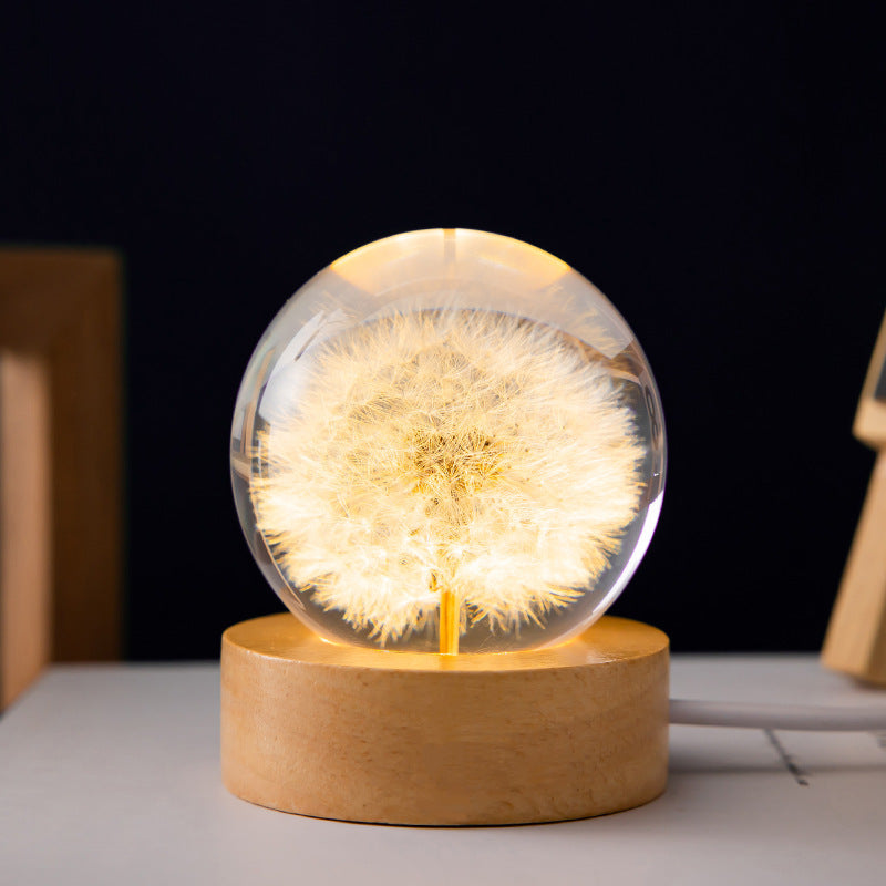 Luminous 3D Dandelion Crystal Ball on Beech Wood Stand