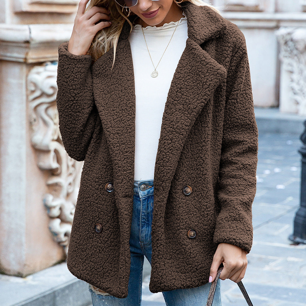 Women's Loose Fluffy Lapel Coat With Buttons, Winter Cardigan