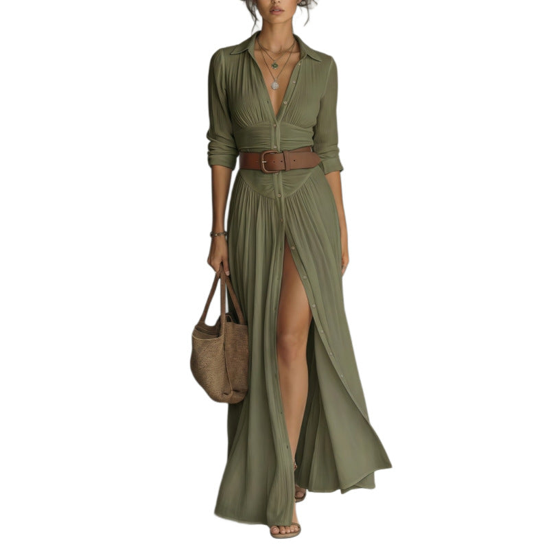 Women's V-Neck Long Dress with High Side Split, Loose Casual Maxi