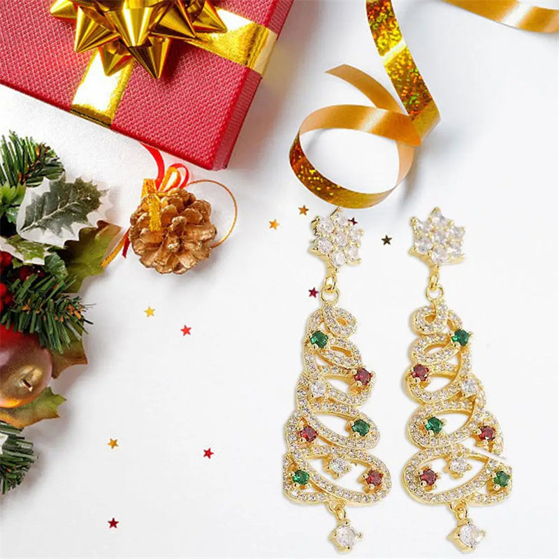 Full Inlaid Colourful Zircon Christmas Tree Tassel Earrings