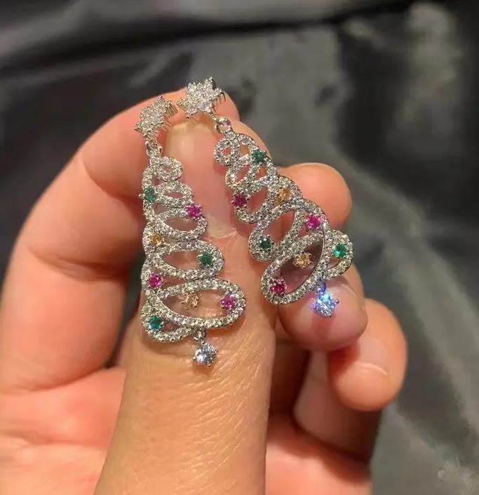 Full Inlaid Colourful Zircon Christmas Tree Tassel Earrings