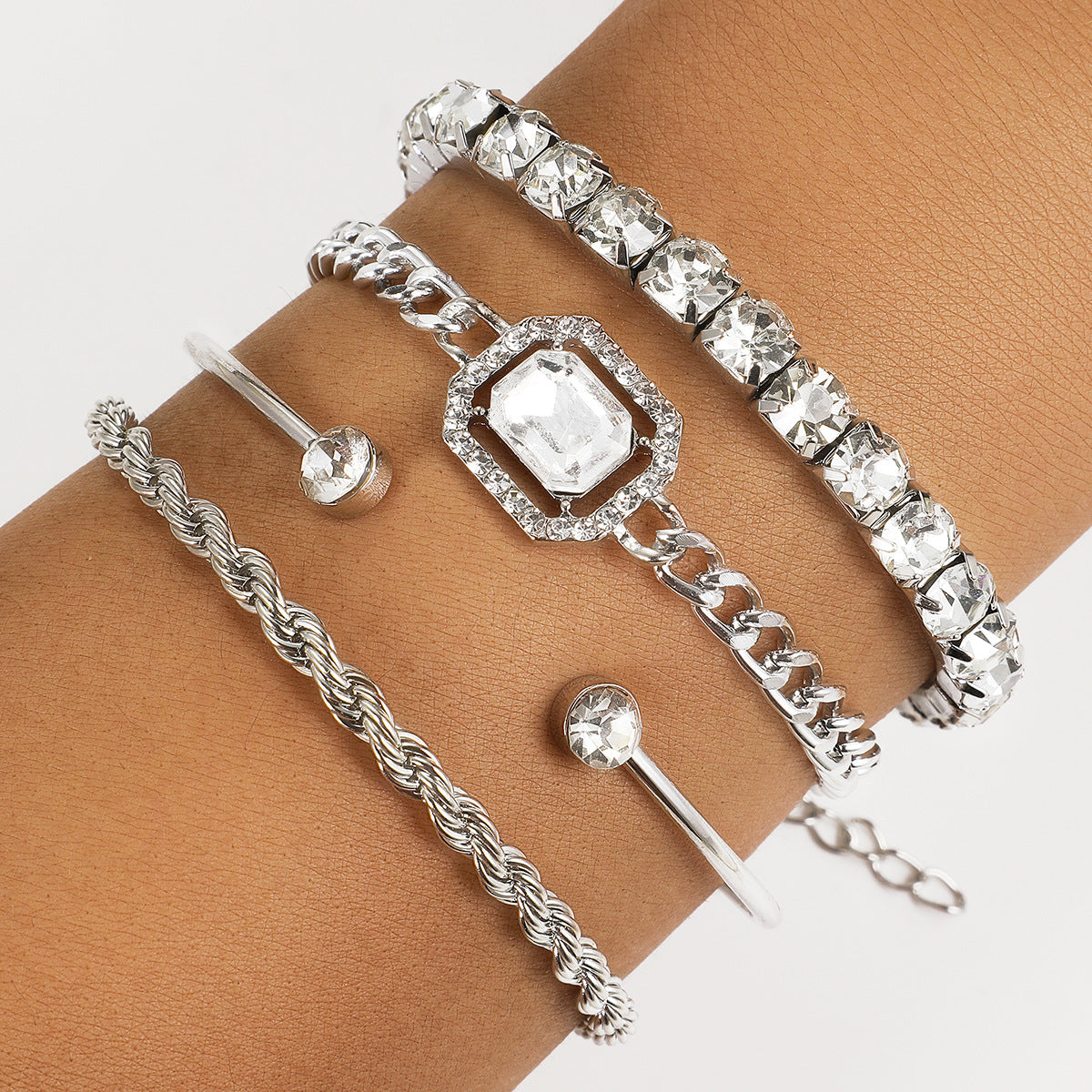 Bohemian Crystal Bracelet Set Of 4 For Women, Twisted Cuff Style