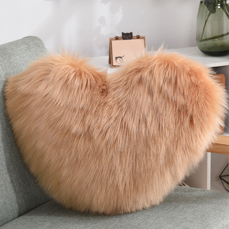Heart Shape Plush Throw Pillow, Fluffy Shaggy Sofa Cushion