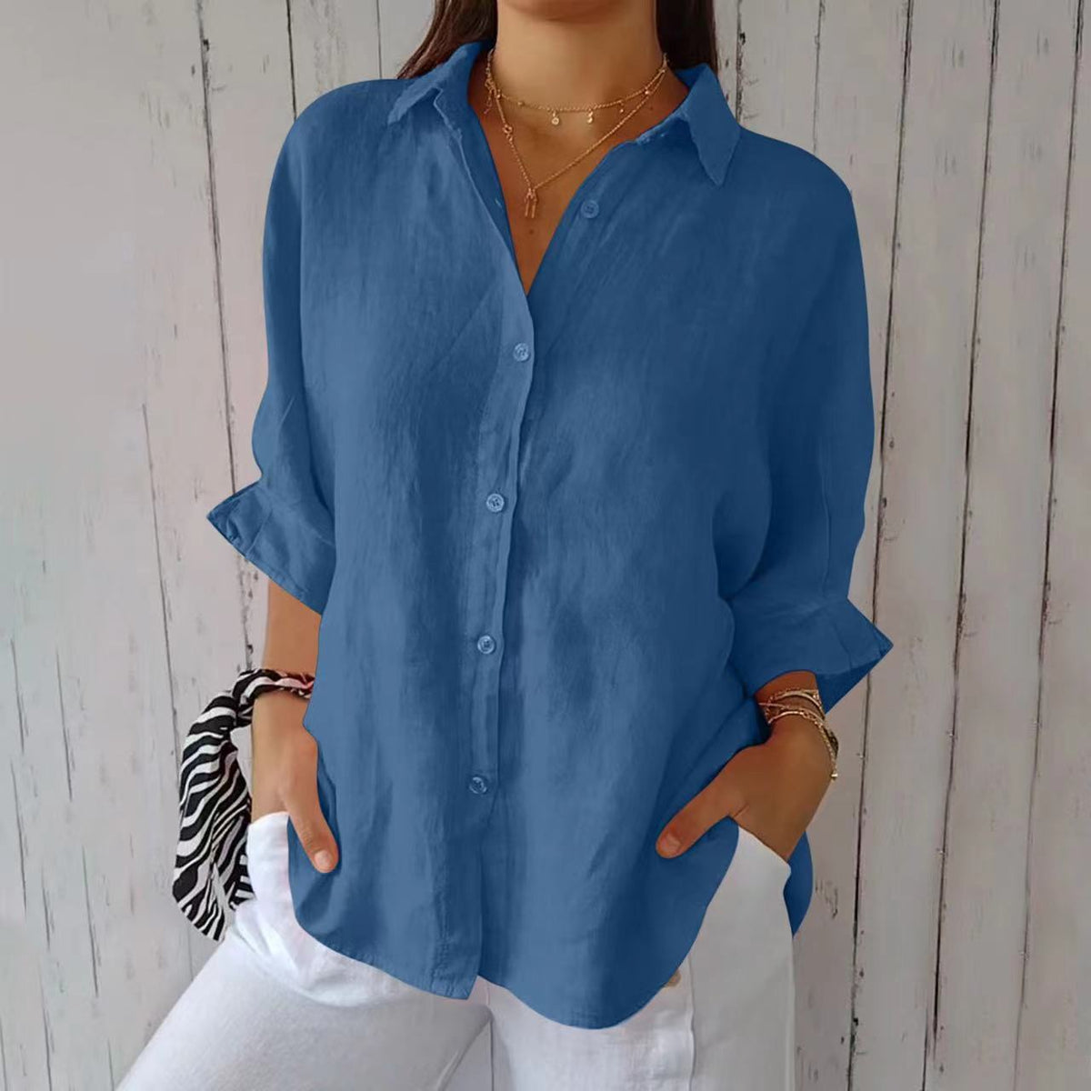 Women's Pleated Single-Breasted Lapel Shirt, Loose Fit, XS to 5XL