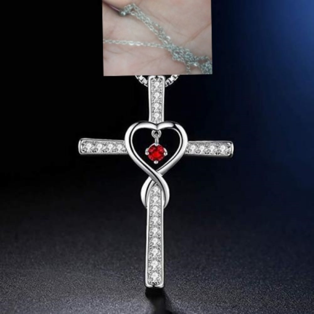 Birthstone Crystal Cross and Heart Pendant Necklace, Gold-Plated