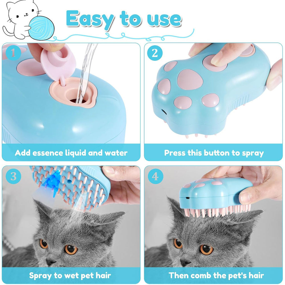 Rechargeable Steam Cat Brush with Soft Silicone Teeth, Paw Shaped