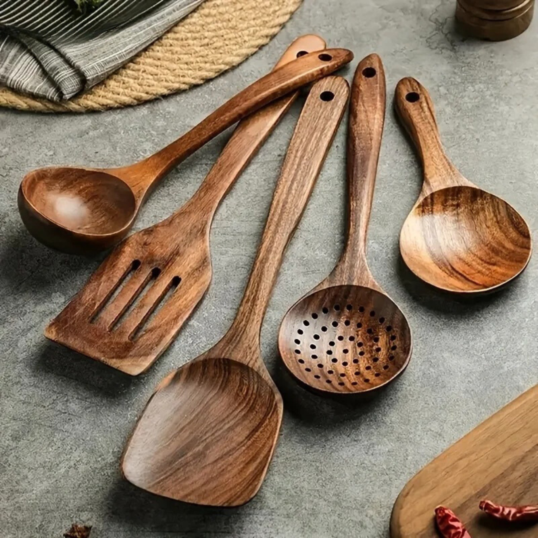 5-Piece Walnut Wooden Kitchen Utensil Set with Rustic Design