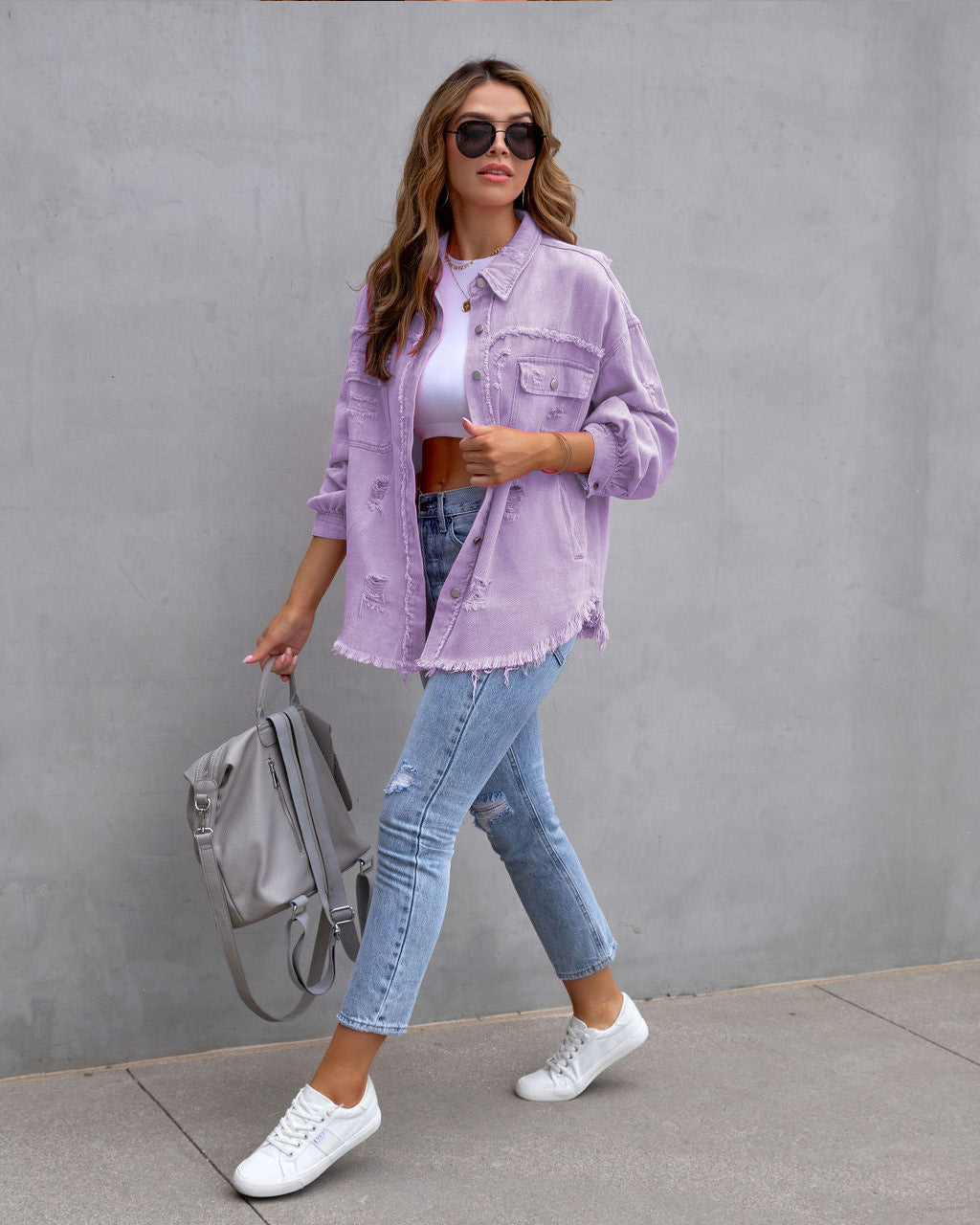 Women's Casual Ripped Shirt Jacket for Spring and Autumn