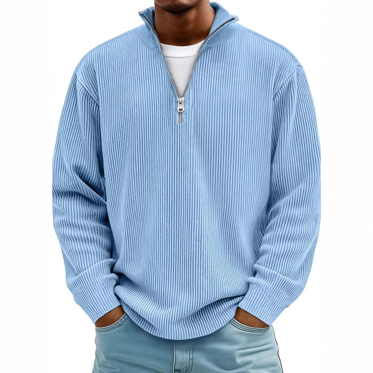 Corduroy Zip-Up Stand Collar Sweatshirt, Warm Solid Colour Top for Men