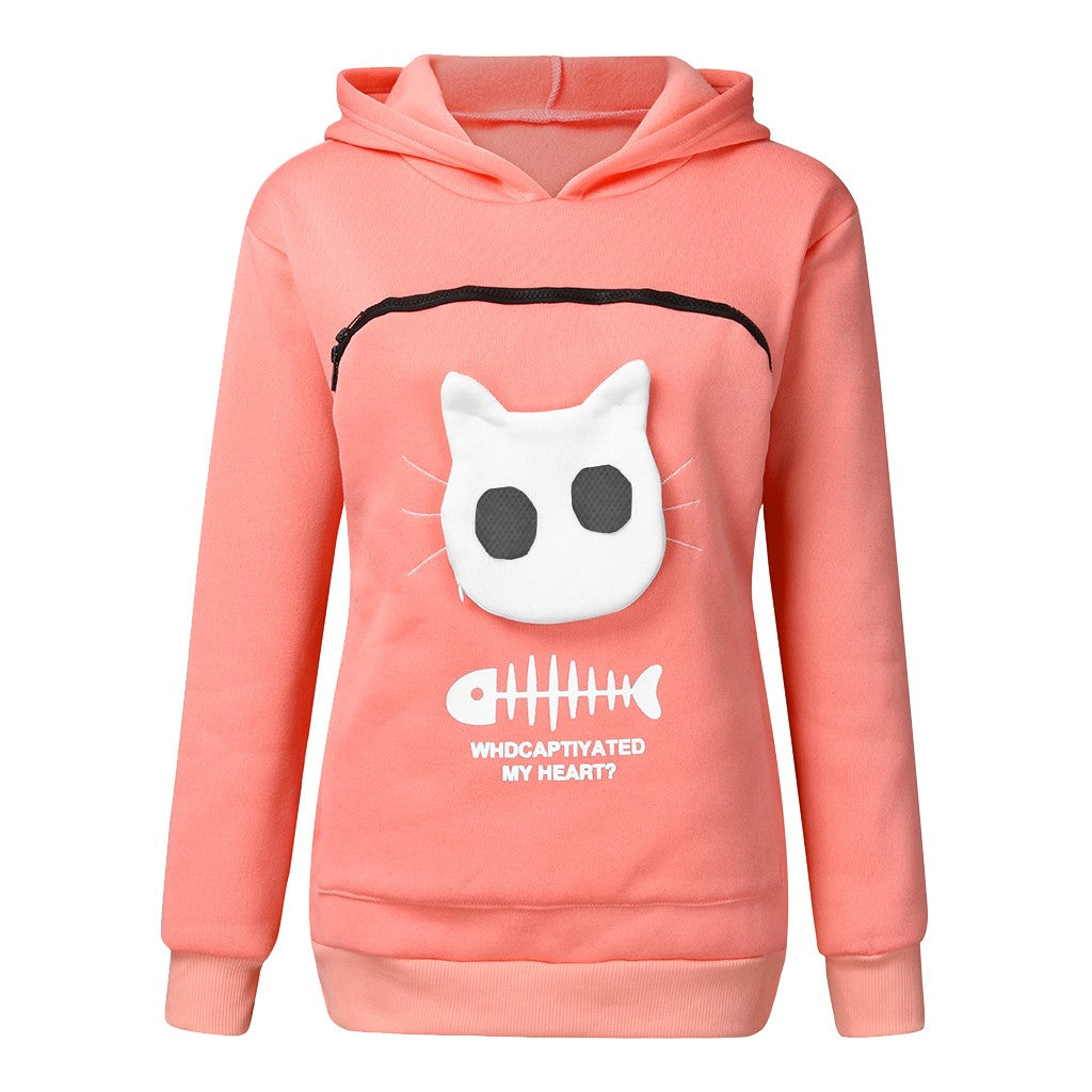 Women's Cat Pocket Hoodie Sweatshirt with Long Sleeves, Cosy Fit