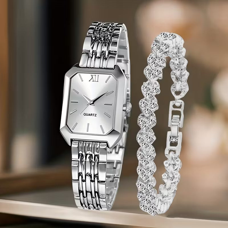 Women's Square Quartz Wristwatch Set with Bracelet