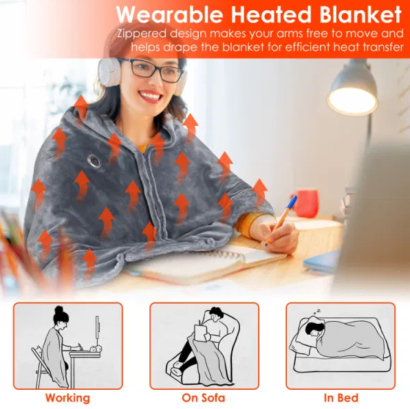 USB Heated Poncho Blanket With Zipper, Electric Wrap