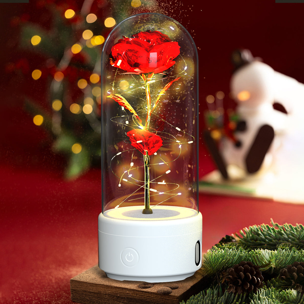 Rose Flower LED Night Light With Bluetooth Speaker In Glass Dome