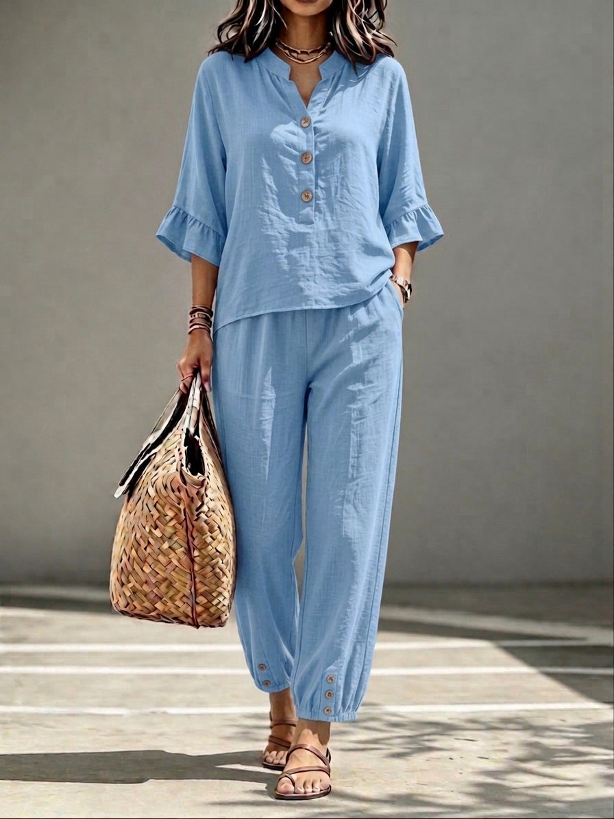 Women's 2-Piece V-Neck Top and Wide Leg Trousers Co-ord Set
