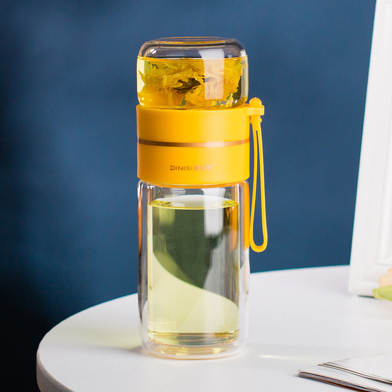 Glass Water Bottle with Tea Infuser, Double Wall Leakproof Flask