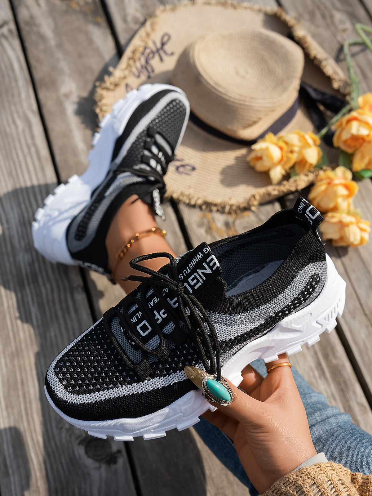 Women's Flyknit Mesh Lace-Up Sneakers, Breathable Walking and Running Shoes
