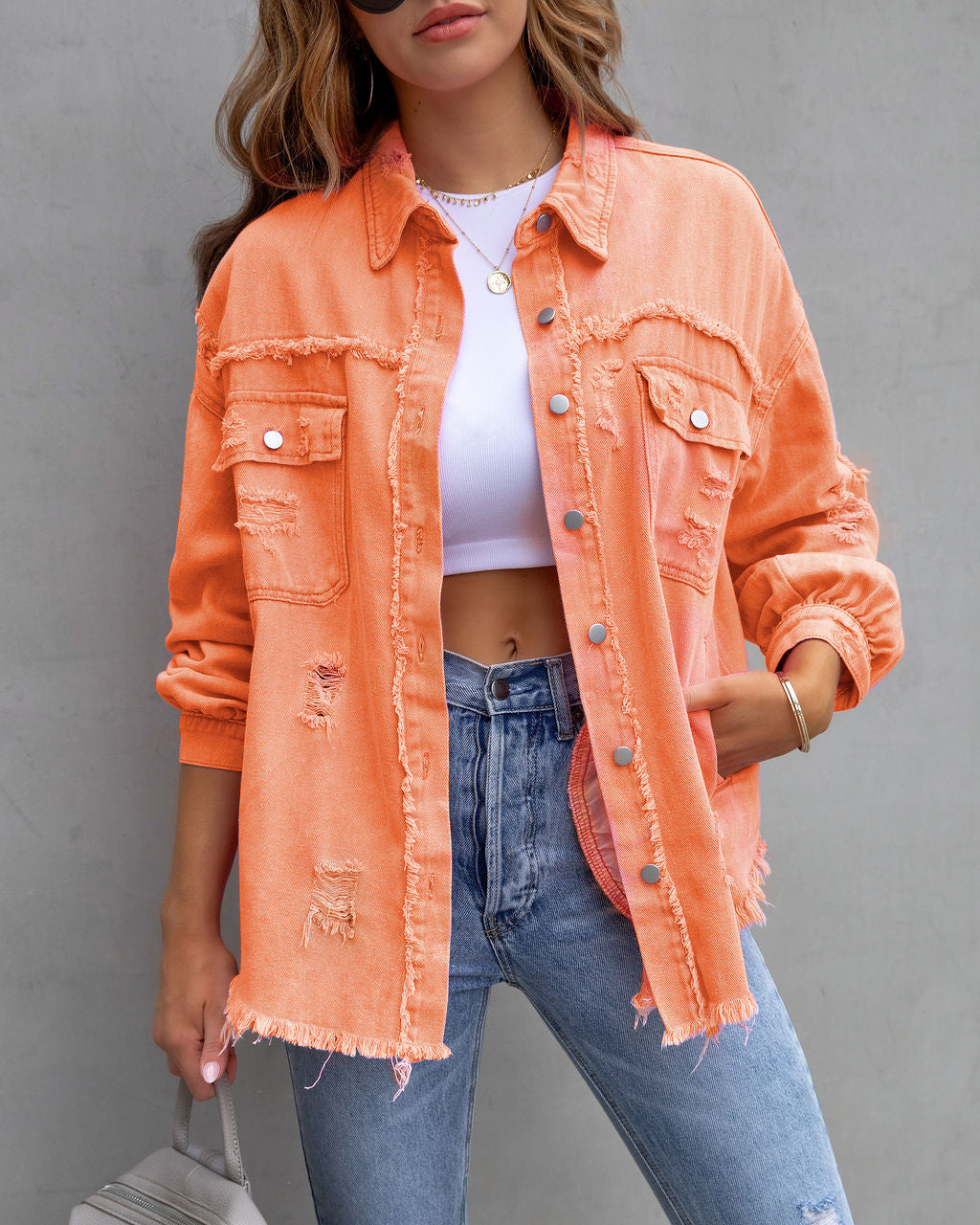 Women's Casual Ripped Shirt Jacket for Spring and Autumn