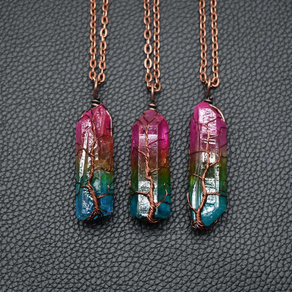 Natural Stone Crystal Pillar Tree Of Life Pendant Necklace