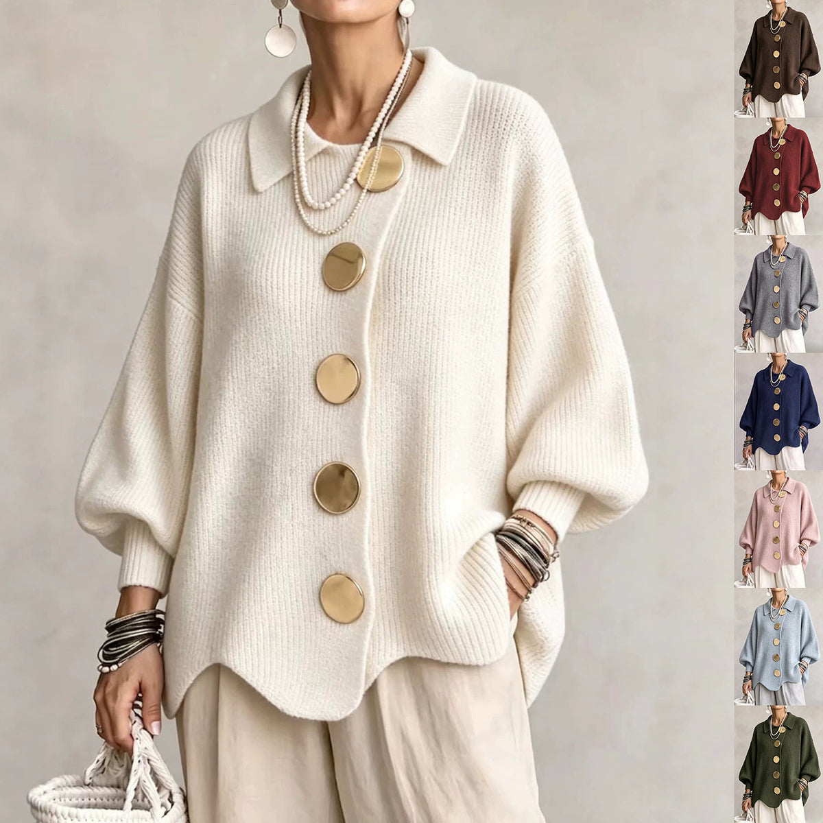 Women's Button-Down Knitted Cardigan, Loose Lapel Jacket