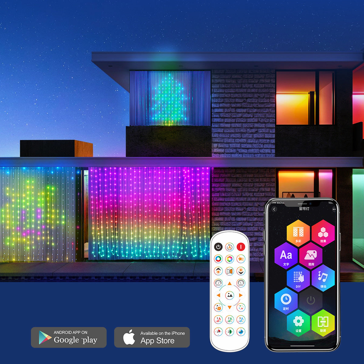 Smart LED RGB Curtain String Lights with Bluetooth App Control