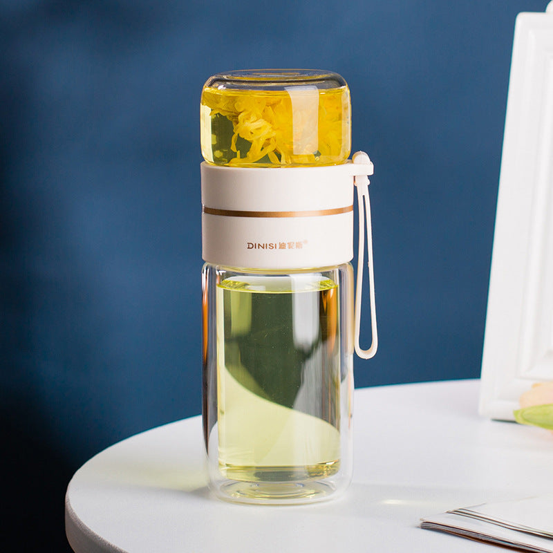 Glass Water Bottle with Tea Infuser, Double Wall Leakproof Flask