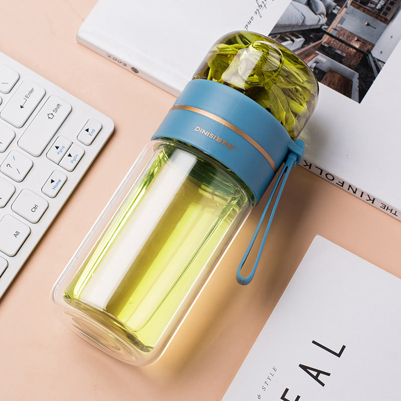 Glass Water Bottle with Tea Infuser, Double Wall Leakproof Flask