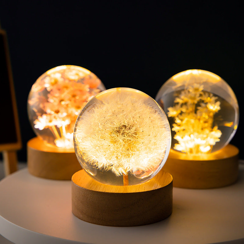 Luminous 3D Dandelion Crystal Ball on Beech Wood Stand