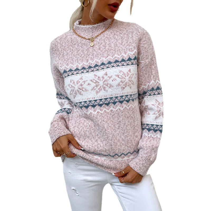Women's Winter Snowflake Sweater with Half Turtleneck Knit