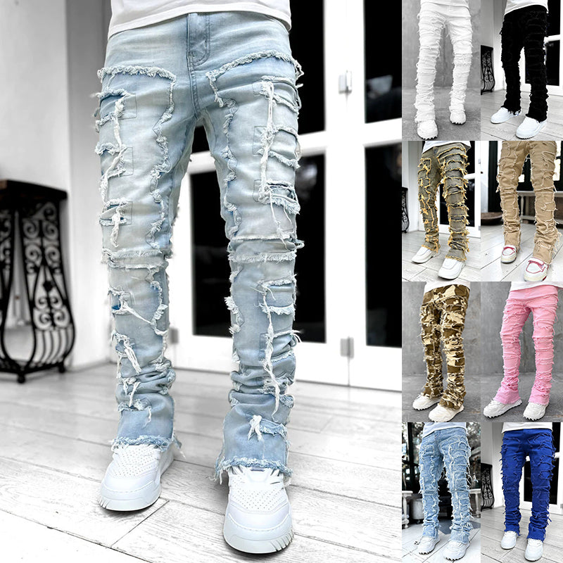 Men's Ripped Fringe Patched Jeans in a Slim Stacked Fit