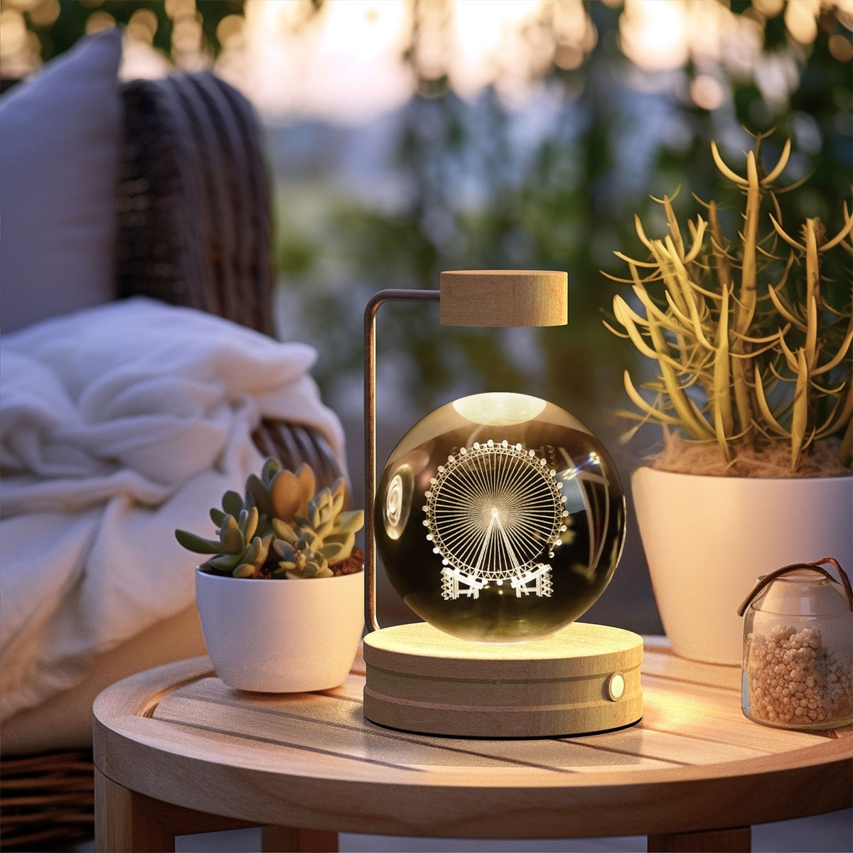 Crystal Ball Night Light With 3D Pattern On Wooden Base