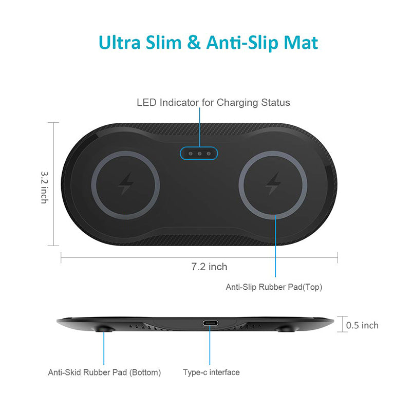 Dual Wireless Charger Pad for Two Phones, 5W or 10W Charging Station