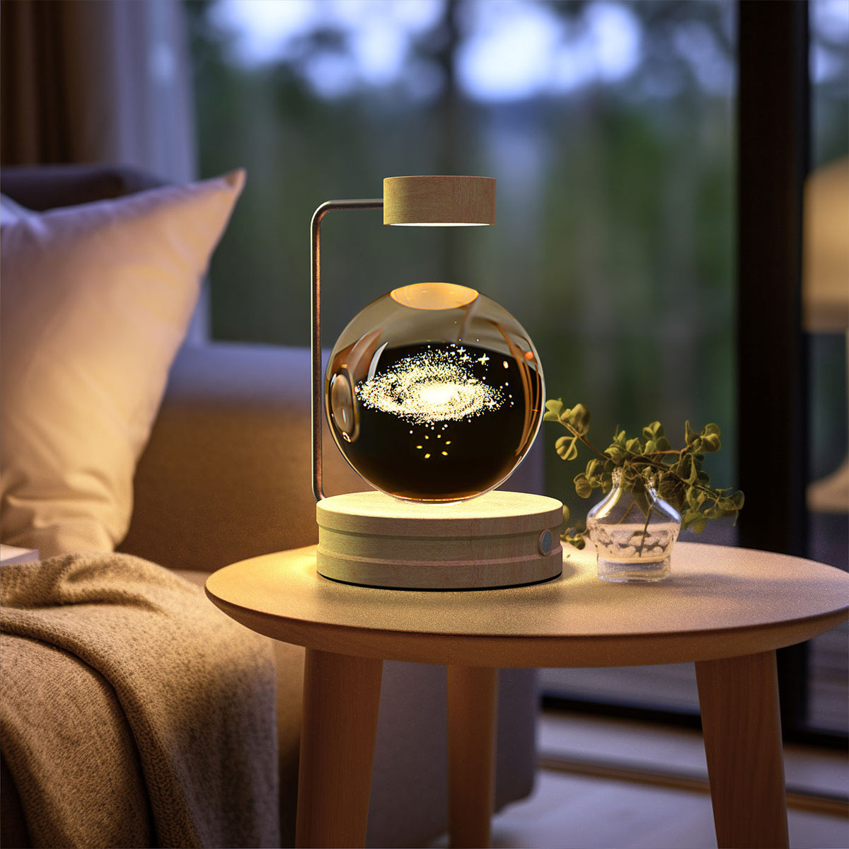 Crystal Ball Night Light With 3D Pattern On Wooden Base