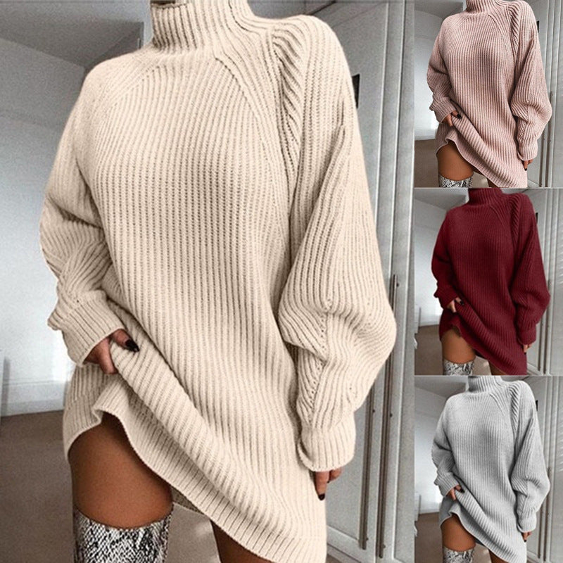 Warm Solid Turtleneck Long Sweater Dress For Women, Winter