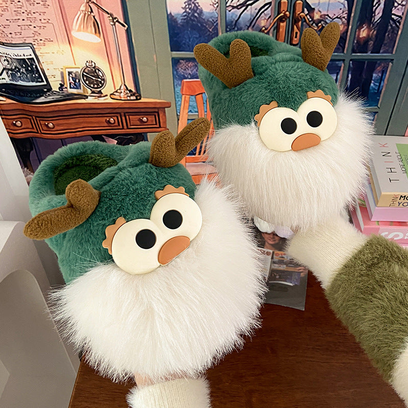 Cute Cartoon Christmas Deer Cotton Slippers Half-Wrap Style