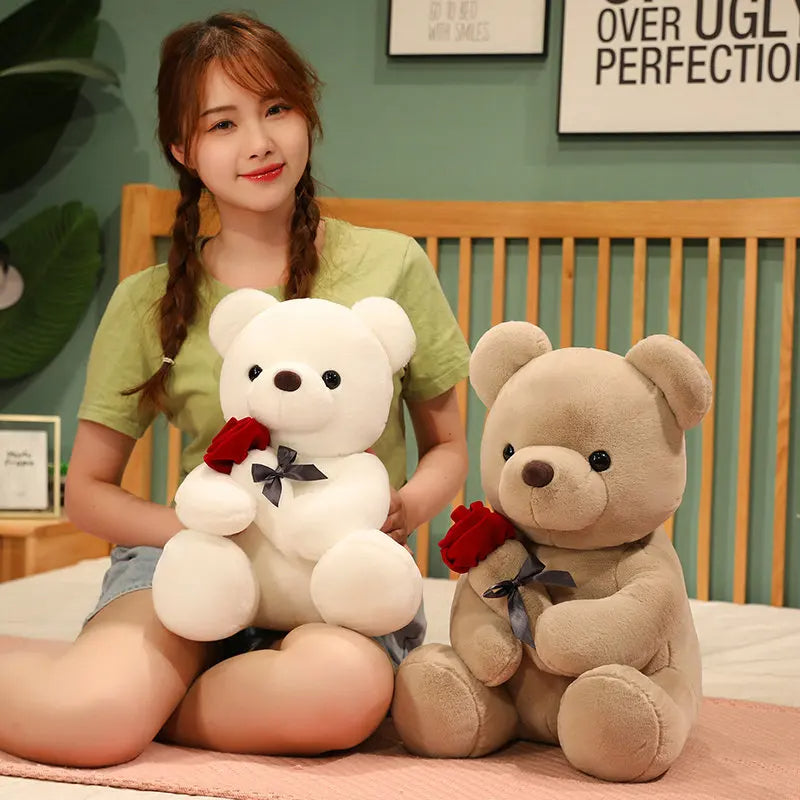 Lovely Hug Roses Teddy Bear Plush Pillow, Soft Stuffed Animal Doll